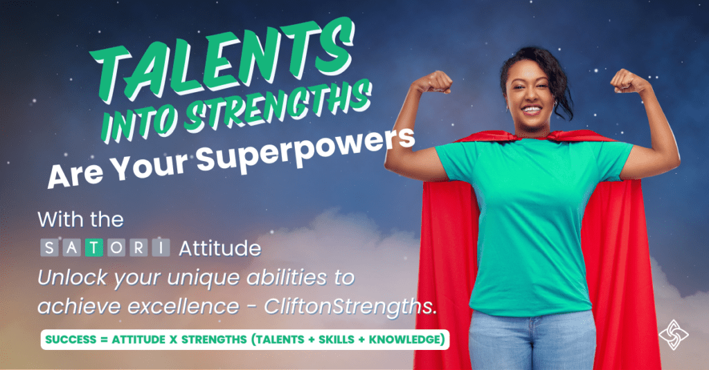 A woman in green shirt with a superman red cape signifying unlocking Your Superpowers: Transforming Talents into Strengths on the S.A.T.O.R.I Attitude Roadmap Introduction to Talents into Strengths So, your current life has left you feeling unfulfilled, and you decide to take things into your own hands