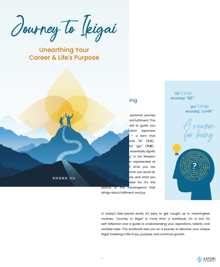 Preview image of the Ikigai Strengths Discovery Workbook cover, featuring a serene landscape with soft colors and the title 'Ikigai Strengths Discovery Workbook' prominently displayed. The design conveys a sense of peace and purpose, inviting users to explore their strengths and align their careers with their passions.