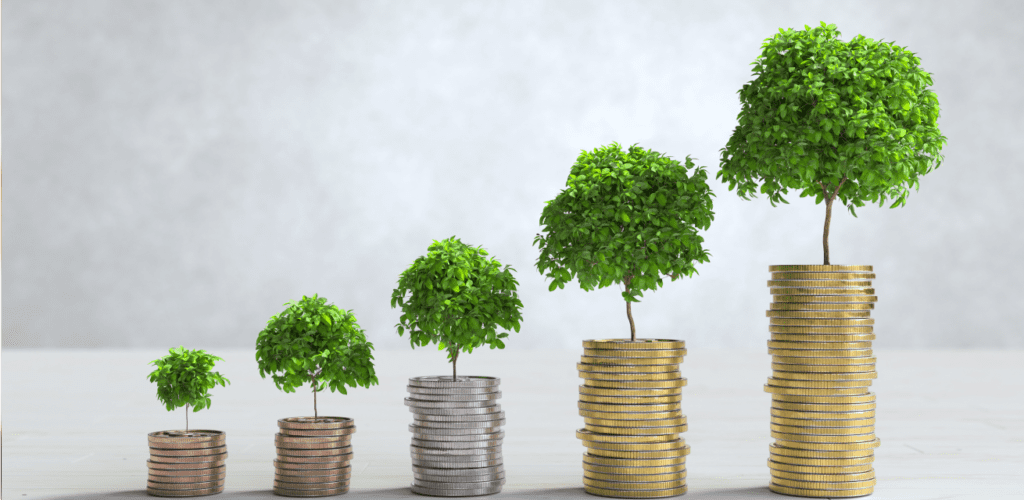 A stack of coins with green trees growing on them, symbolizing strength-based leadership and sustainable growth.